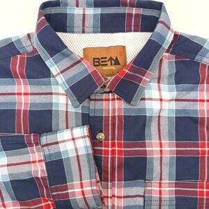 BETA Venturing Mens Plaid Button Down Shirt Navy Red White Long Sleeve Medium